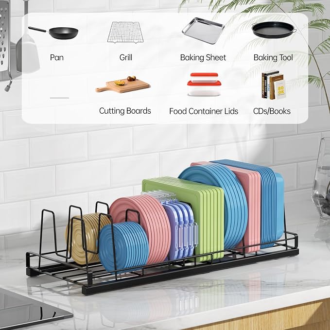 Expandable Food Container Lid Organizer(13"-21") with 9 Adjustable Dividers | Metal, Large Capacity Detachable Lid Organizer Rack, Pads Prevent Sliding for Kitchen Cabinet,Cupboard,Pantry Shelves,Drawer