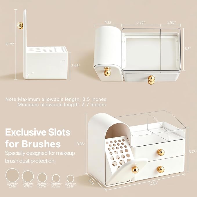 HBlife Makeup Organizer Countertop with Drawers, Vanity Organizers with Brush Holder, Bathroom Counter Organizer for Perfume, Nail Polishes, Lipsticks, Skincare and Eyeshadow Palettes, White and Gold