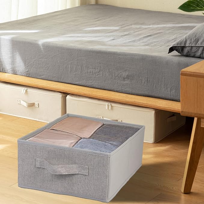 JAKAGO Fabric Storage Bins set of 4 Rectangle Storage Baskets with Handle Foldable Closet Organizer for Clothes Towel bedding Books Collapsible Clothing Container for Shelves Bedroom(Gray Low)