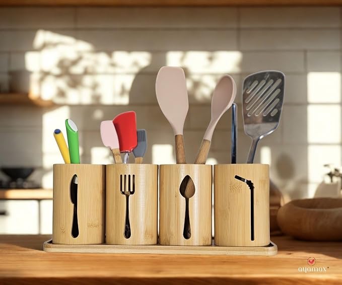 Bamboo Cutlery Holder Set - 4 kitchen Utensils Holder with Bamboo Tray | Decorative kitchen countertop Cutlery Stand | Utensil holder - knife, fork Spoon and Straw holders