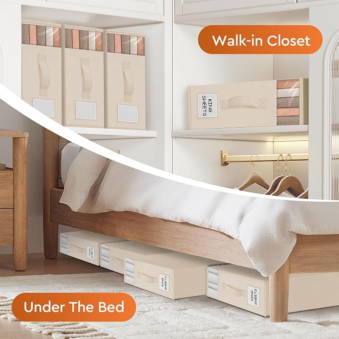 StorageTastic 2 Pack Bed Sheet Closet Organizers and Storage,Sturdy Foldable Storage Containers with Window and Label,Storage and Organization for Bedding Sheets,Duvet Covers,Blankets (Beige)