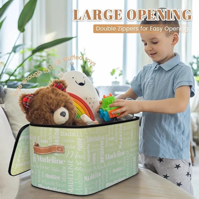 Custom Storage Basket with Name, Personalized Keepsake Box with Zipper Lid, Foldable Fabric Memory Bin Large capacity with Handle Yellow Green