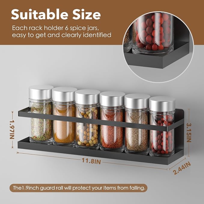 VANPET Magnetic Spice Rack for Refrigerator, Magnetic Fridge Shelf for Kitchen Spice Organizer, Spice Rack Wall Mount, Fridge Organizers and Storage (2, Black)