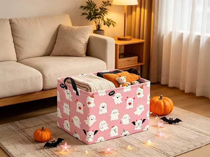 Halloween Basket Cute Baskets for Kids Pumpkin Basket Rectangular Storage Bin Organizer Box Room Decor(Pink Ghosts)