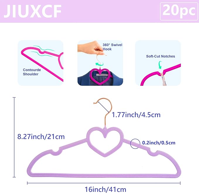 Velvet Hangers 20 Pack,16 Inch Non Slip Heart Hanger (Light Purple) | 360° Swivel Hooks, Cascade Design, Space Saving