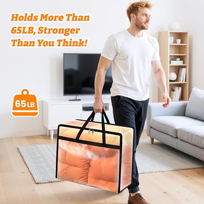 BlissTotes 4 Pack Clear Clothes Storage Bags, Moving Bags, Foldable Blanket Storage Under Bed Storage Containers with Sturdy Zipper and Handle for Clothing, Comforter, Bedding, Sheet (40L)