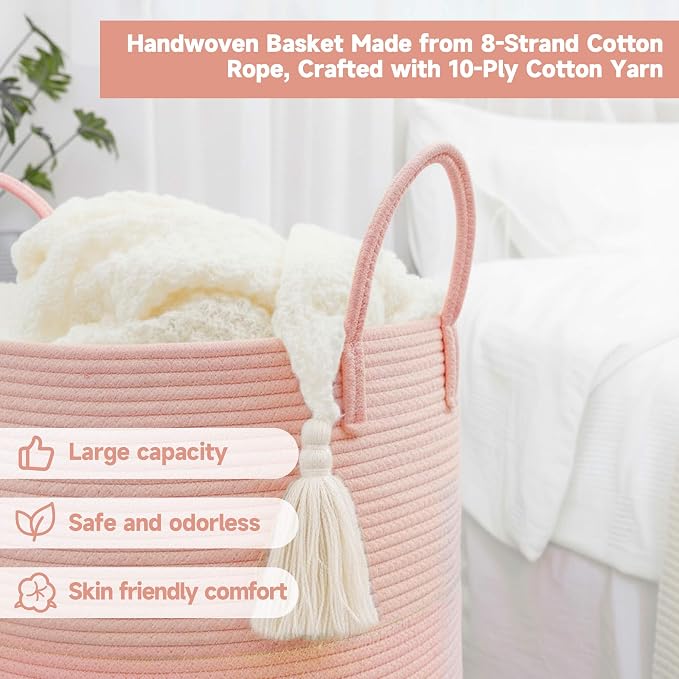 CLHMILY&Z Laundry Hamper Round Storage Rope Basket in Living Room, Bedroom, Laundry Room for Toy, Clothes, Blanket, Pillow (Pink, 80L)