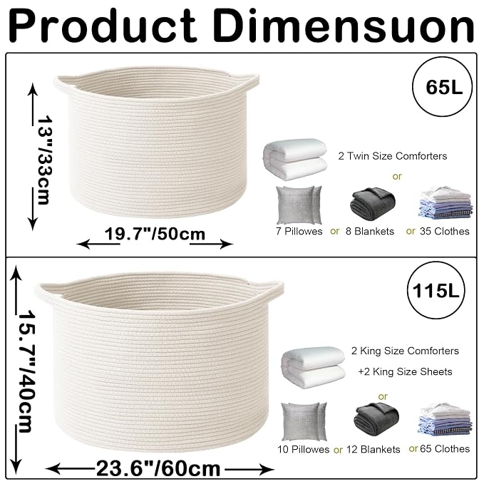 65L Large Blanket Basket,Woven Rope Laundry Basket Hamper with Handles,Decorative Nursery Basket Storage Bin for Toys, Pillows , Clothes Organizer, Living Room, Bedroom, Bathroom, White