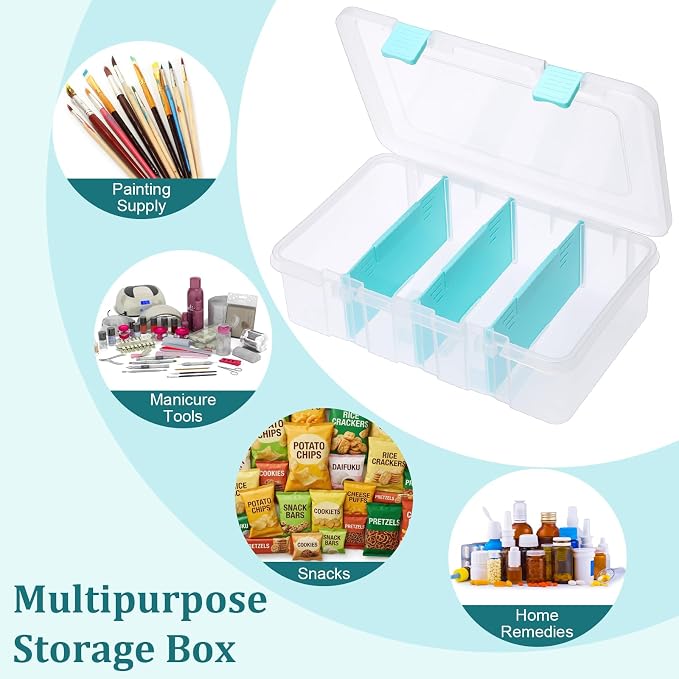 BTSKY Clear Plastic Dividing Storage Box with 4 Compartments Adjustable Storage Bin with Lid Plastic Craft Storage Container Multipurpose Sewing Box Art Supply Organizer, 13.3x8.1x3.4 Inches