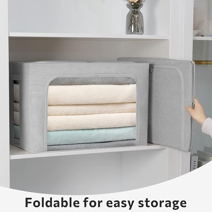 FHSQX 2 Pack Clothes Storage Bins Stackable Metal Frame Storage Box Foldable Linen Fabric Organizer with Carrying Handles and Clear Window (Light Gray, 15.7x 11.8x 7.8Inch)
