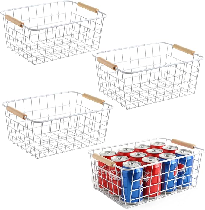 Kitchen Wire Baskets Farmhouse Decor Metal Food Storage Organizer,Household Refrigerator Bin with Built-in Handles for Cabinets, Pantry,Bathroom 4 Packs (white)