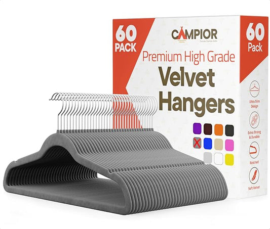 Gray Velvet Hangers 60 Pack – 360° Swivel Hook, Non-Slip and Space Saving Hangers, Heavy-Duty 11 lbs Weight Capacity - Smooth Velvet Finish for Crease-Free Clothes and Effortless Closet Organization