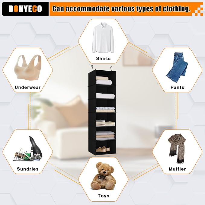 Hanging Closet Organizer 6-Shelf, Oxford Fabric Wardrobe Storage, Black | Easy-mount foldable design holds clothes, handbags, shoes & accessories; washable Oxford fabric, sturdy and space-saving.