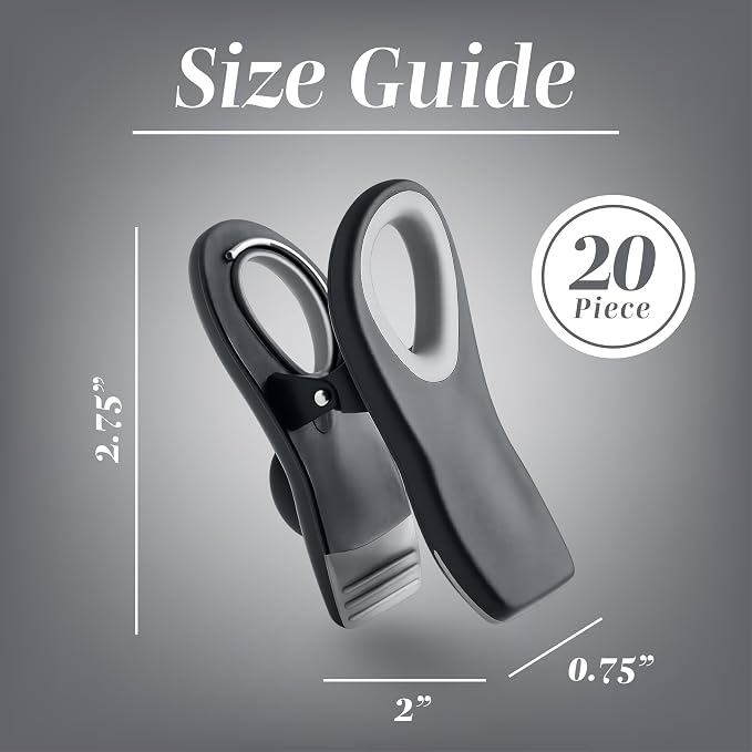 COOK WITH COLOR Bag Clips with Magnet- Food, Chip, Bag Clips for Food Storage with Airtight Seal Grip for Bread, Snack and Food (Grey, Pack of 20)