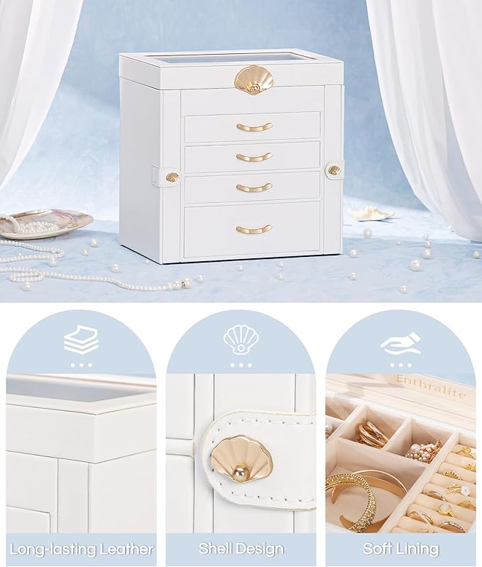 Enthralite Jewelry Box with 4 Drawers : Jewelry Display Organizer for Earrings Necklaces - Gift for Girls Women | White