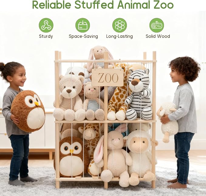 aiwo 30" Extra Wide Large Stuffed Animal Storage Toy Organizer, 38.4" Tall Wooden Display Organizer Holds 70+ Plushies for Kids Room, Playroom, Bedroom, Nursery Decor