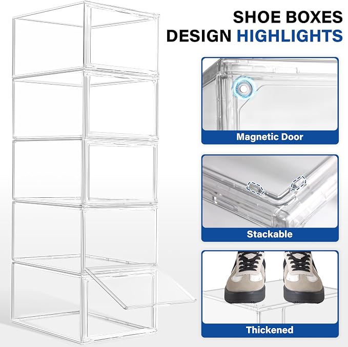 1 Pack Drop Front Shoe Boxes Acrylic Box Sneaker Case Size 12, Transparent Display Cases for Sneaker Collections, Baseball Caps, Hat Organizer Dust-free Shoe Cubbies Stackable Sneaker Boxes