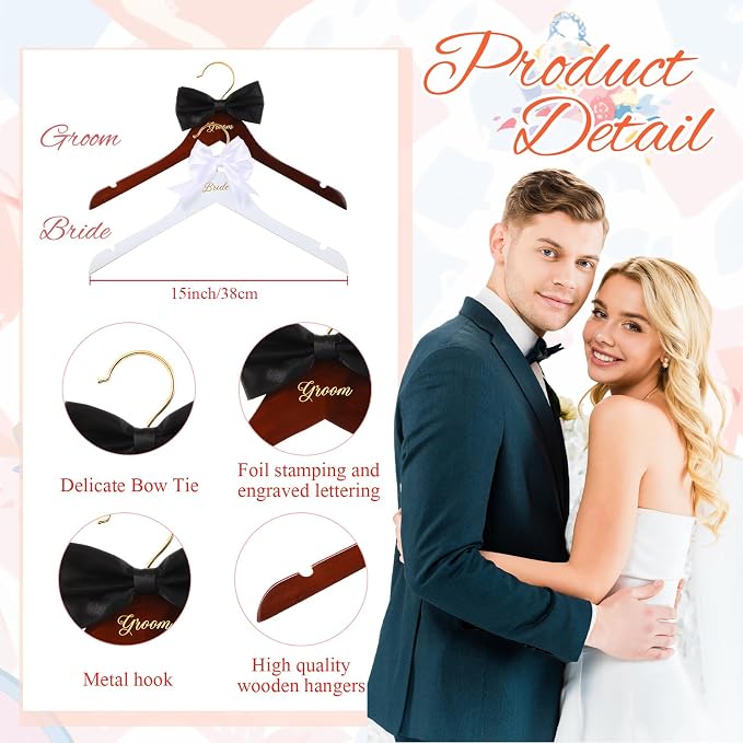 Beeveer 2 Pcs Bride Hanger for Wedding Dress Bride and Groom Wooden Wedding Dress Hanger Set with Bow Tie for Tuxedo Suit Gift Bridal Party Shower