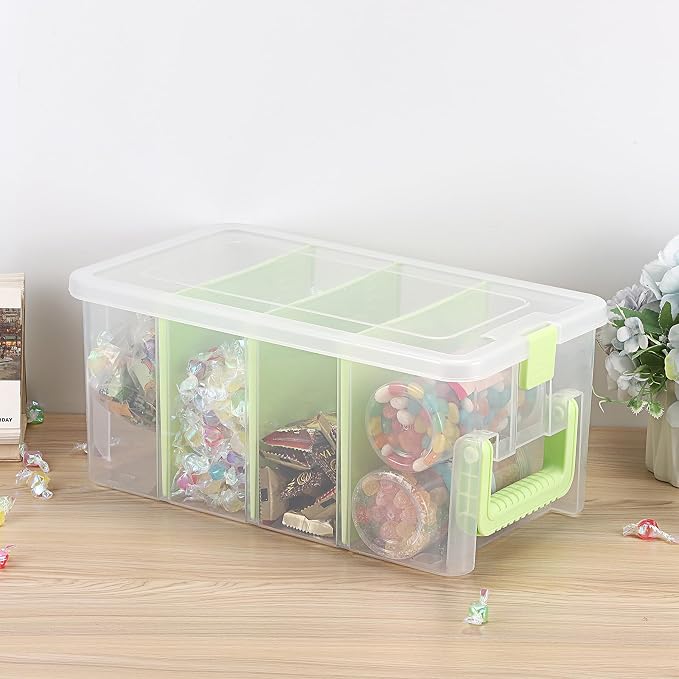 BTSKY Clear Plastic Dividing Storage Box with 4 Deep Compartments Adjustable Storage Bin with Lid Portable Craft Container Multipurpose Sewing Box Art Supply Organizer, 13.9x7.9x6.2 Inches, Green