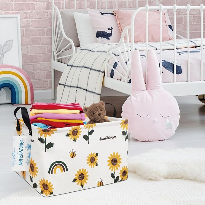 Rectangular Collapsible Sunflower Storage Basket Nursery Organizer | Storage Bin Foldable Canvas with Handles for Organizing Home Kitchen Children Toys Office Closet Shelf Baskets