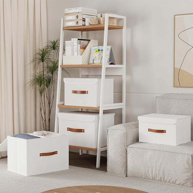 Yawinhe Storage Boxes with Lids 2 Pack, Collapsible Storage Bin with Handle, for Organizing Clothes, 33x23x20cm, White, SNK018WLS-2