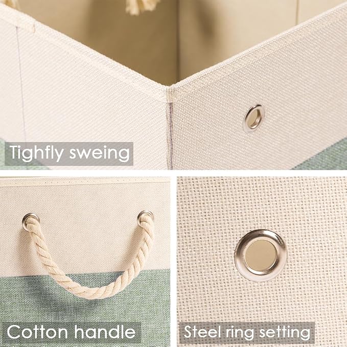 PRANDOM Large Foldable Cube Storage Bins 11x11 inch [4-Pack] Fabric Linen Storage Baskets Cubes Drawer with Cotton Handles Organizer for Shelves Nursery Closet Bedroom Beige/Green