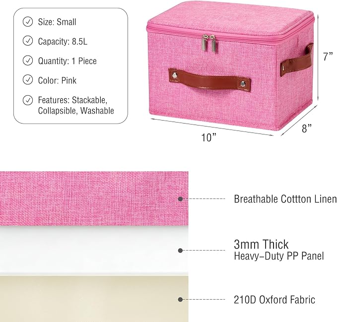 Storage Bin Box with Zippered Lid Cotton Linen Fabric Decorative Basket with PU Leather Handles PP Plastic Board Foldable Lidded Clothing Shelf Closet Organizer Container (Pink, Small)