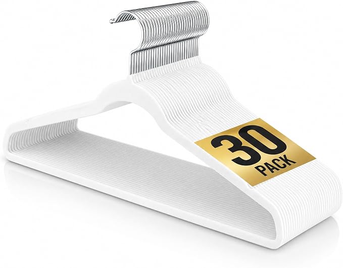 Velvet Hangers 30 Pack, 17.5 Inches Wide Large Size, Heavy Duty Non-Slip Slim Clothes Hangers for Pants, Coats, Skirts, Jeans, Sweaters and More, Nylon-Flocked, White