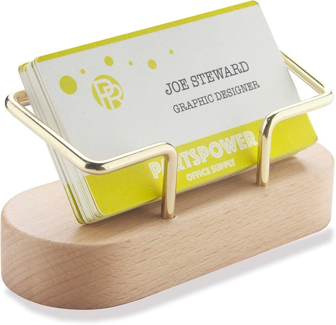 PARTSPOWER Wood Business Card Holder for Desk, Horizontal Wooden Business Name Card Display Stand, Desk Accessory Business Name Card Organizer (Beech Wood)