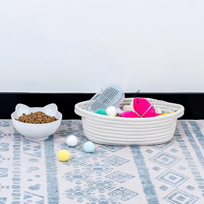CubesLand Small Woven Rope Toys Basket for Organizing Set 5 | Shelves Closet Storage Bins, Empty Gift Baby Shower Basket Also Perfect for Toilet Paper Storage, Organizer Bins Off White