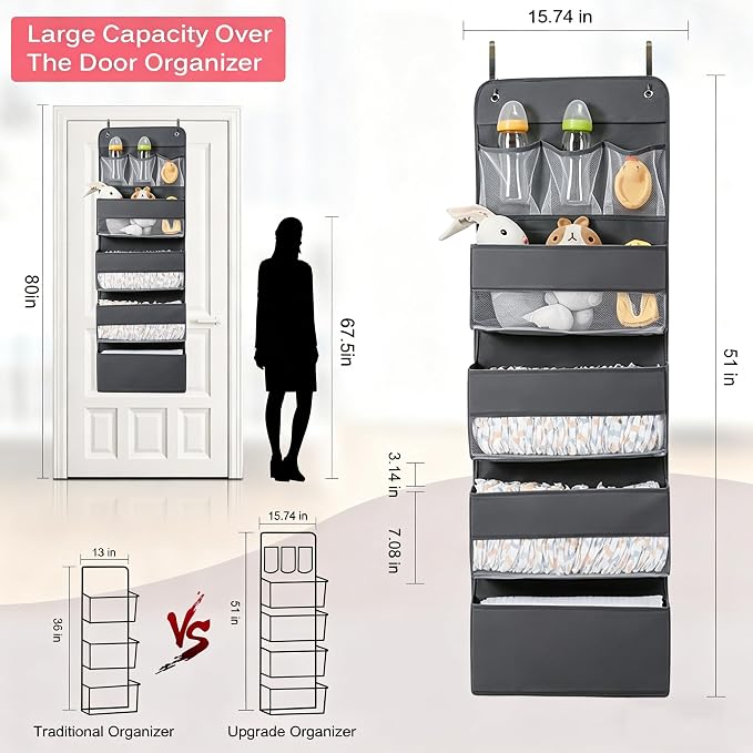 Jay-Chi Over Door Hanging Organizer Storage - 7 Large Pockets Closet Bathroom Organizer Perspective Window Wall Mount Rack for Clothes Sundries(Grey)