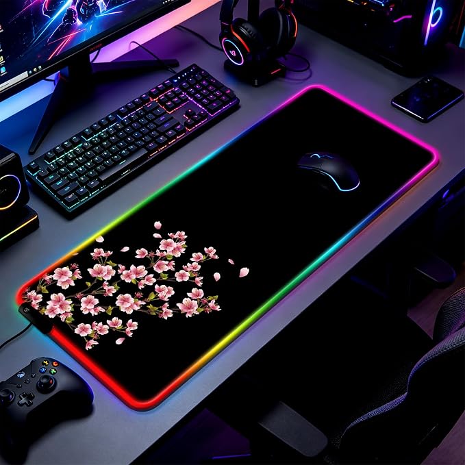 RGB Japanese Cherry Blossom Gaming Desk Mat, Computer Keyboard Large Extended Flowers LED Mouse Pad for Office and Home, 31.5×11.8 Inches, XL, Black