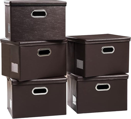 PRANDOM Large Stackable Storage Boxes with Lids [5-Pack] Leather Fabric Foldable Storage Bins Organizer Containers Baskets Cubes with Cover for Bedroom Closet Office Nursery Brown(17.7x11.8x11.8)