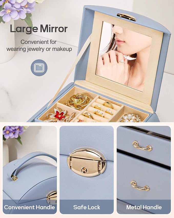 Homde Girls Jewelry Box Jewelry Storage Case Organizer Faux Leather with Mirror for Rings, Earrings, Bracelets, Necklaces (Grey Blue) - Gifts for Mother's Day