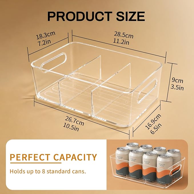 Mpotmiy 4 Pack Clear Pantry Organizers and Storage Bins with Divider, Transparent Plastic Basket, Refrigerator and Fridge Bins