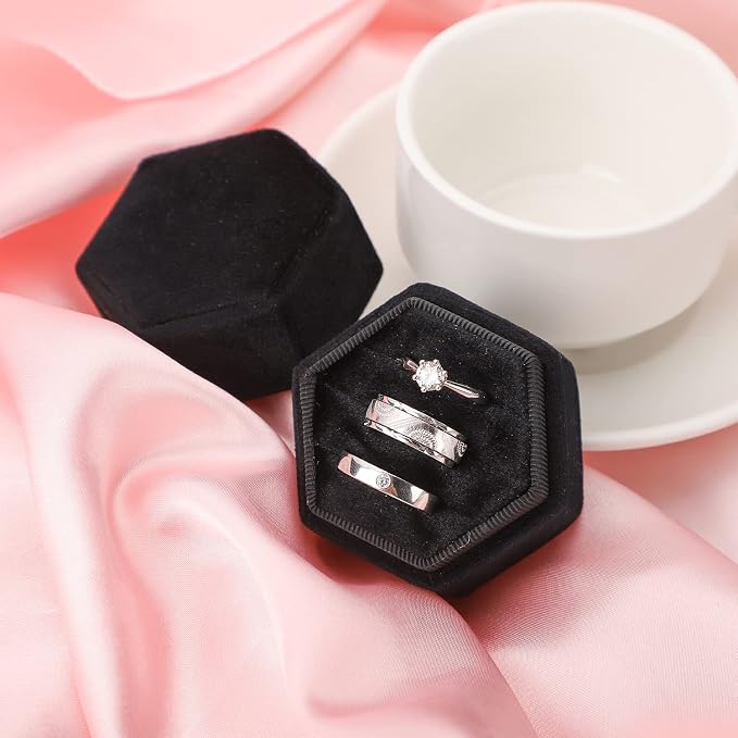 WantGor Velvet Jewelry Ring Box, 3 Slots Hexagon Ring Gift Box Ring Holder | Vintage Ring Display Case for Wedding Ceremony Proposal Engagement (Black, 3 Slots)