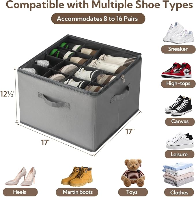 VZZNN Shoe Organizer for Closet, 2 Pack Foldable Shoe Storage Bins with Clear Cover and Adjustable Dividers, Fits up to 16 Pairs, Large Shoe Box Storage Containers with Reinforced Handles (grey)