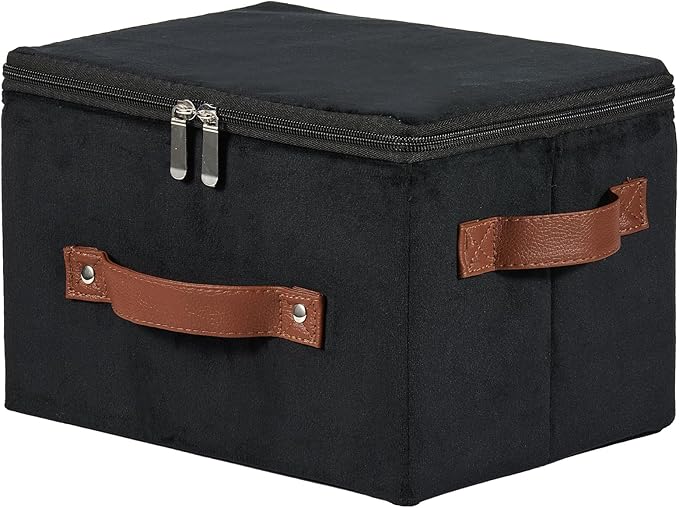 Storage Bins with Zipper Lid Velvet Fabric Storage Boxes Lidded Baskets Foldable Washable Decorative Closet Shelf Clothes Organizer Container with PU Leather Handles (Black, Small)
