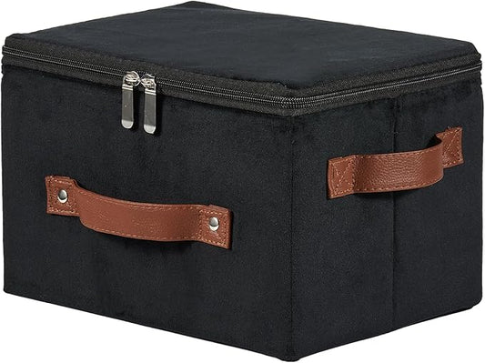 Storage Bins with Zipper Lid Velvet Fabric Storage Boxes Lidded Baskets Foldable Washable Decorative Closet Shelf Clothes Organizer Container with PU Leather Handles (Black, Small)