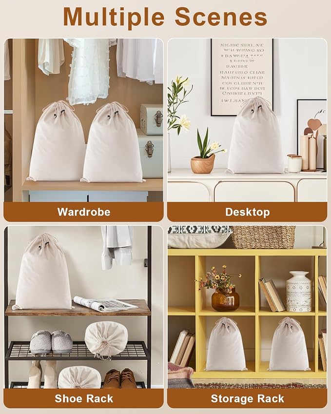 2 Pcs Shoe Bags for Travel, Dust Velvet Bags, Beige, 17.3x12.6 Inch | Washable & Reusable Travel Shoe Bags, Dustproof Shoe Bags with Drawstring Closure, Suitable for Travel, Home Storage