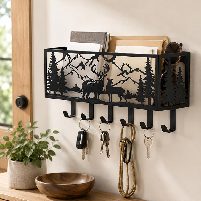 Deer Metal Wall Mail Organizer Wall Mounted Key and Mail Holder Mail Basket Hanging Mail Sorter and Key Organizer for Entryway Bedroom Bathroom Kitchen
