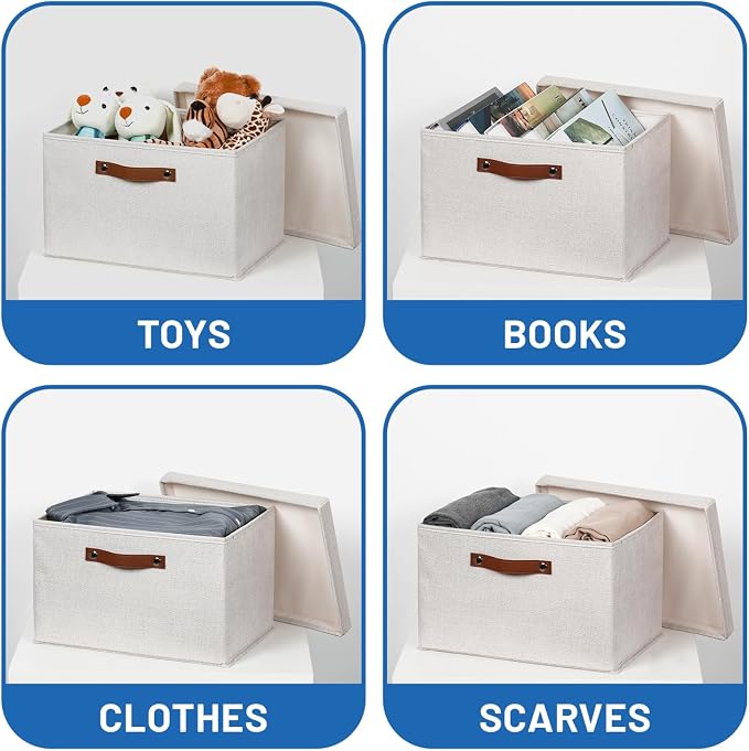 Temary Storage Bins with Lids 2-Pack Large Foldable Storage Baskets with Lid, Fabric Storage Bin for Organizing Home (Beige, 15x11x9.5inch)