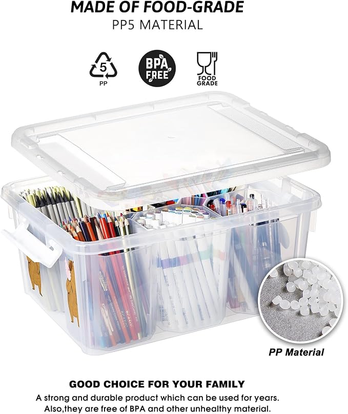17QT Plastic Storage Bins with Lids - 1 Pack Art Craft Supply Organizer Box with Brush Pot for Kids, Stackable Clear Pen Container for Toy/Sewing/Comestic/Tool/Playdoh (1 Pack)