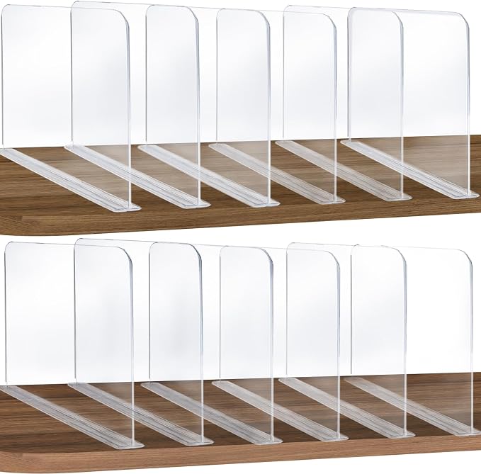 ROUFA Clear Shelf Dividers, Acrylic Closet Dividers Fit for Any Thickness of Shelves, 12pcs Multi-Purpose Wood Shelf Separators for Bedroom, Kitchen, Office, Bathroom, 11.8''x11''
