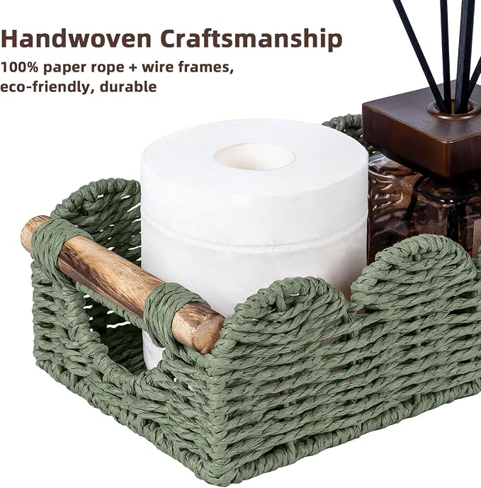 CubesLand Bathroom Basket Organizer w/Cut Out Handle, Back of Toilet Paper Storage Baskets for Bathroom Countertop Decorative, Small Scalloped Wicker Basket Also for Home Decor, Living Room, Green