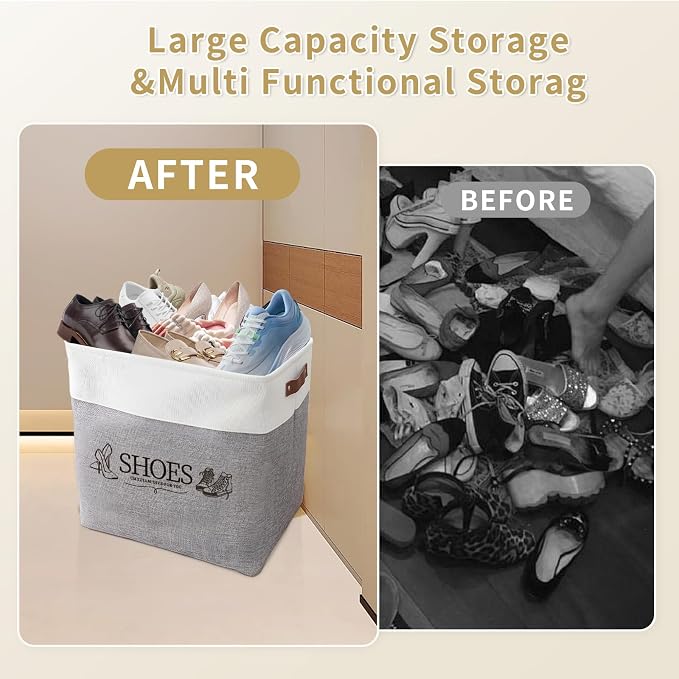 Shoe Basket Organizer, Large Capacity Fabric Entryway Shoe Storage Bin with Handle, Flodable Space-Saving Shoe Basket for Entryway, Hallway, Entryway and Mudroom