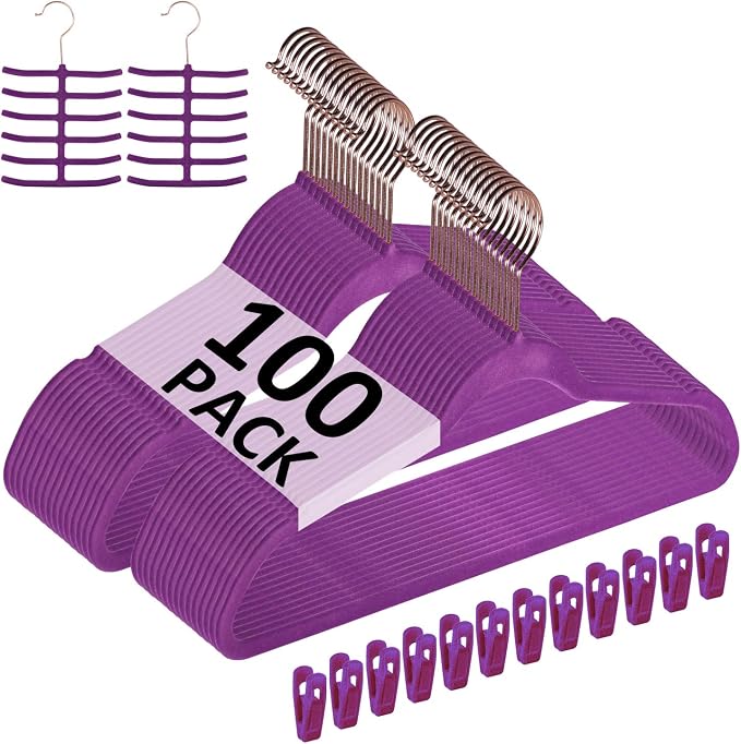 VECELO Premium Velvet Clothes Hangers Suit Heavy Duty (100 Pack)-Non Slip & Space-Saving with 12 Finger Clips & 2Tie Rack Excellent for Men and Women,Purple