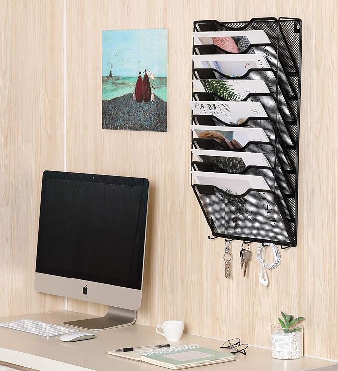 EasyPAG 8 Pocket Mesh Wall File Organizer with Key Hooks, Hanging Paper Folder Holder with Classify Label, Vertical Wall Mount Mail Organizer for Office Home Classroom, Black