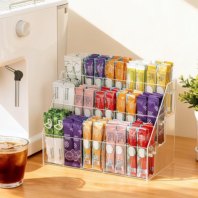 AIEVE Drink Packet Organizer with 15 Compartments, Water Packet Organizer for Water Flavor Drink Mix, Easy Assembly Acrylic Sugar Packets Holder for Cabinet Kitchen Storage Organization