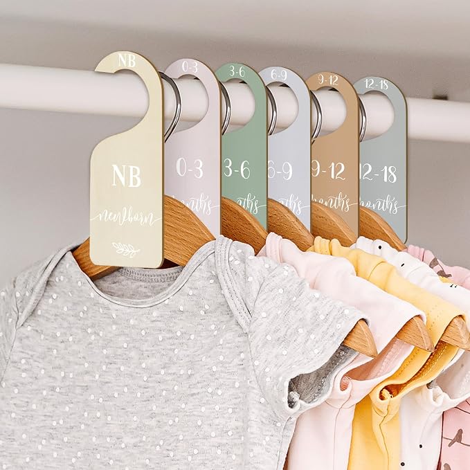 Whaline 7 Pcs Terrazzo Wood Baby Closet Size Dividers with White Velvet Bag Newborn to 24 Month Thicken Infant Wardrobe Hanger Organizers for Home Nursery Party Supplies
